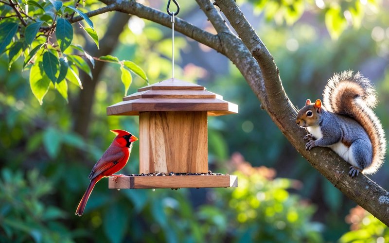 Squirrel proof bird feeder with cardinal feeding while squirrel watches from tree